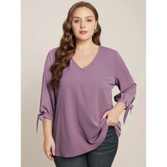 Bloomchic Tops - Bloomchic Knotted Tie 3/4 Sleeve V Neck Blouse Top Mauve Purple 28